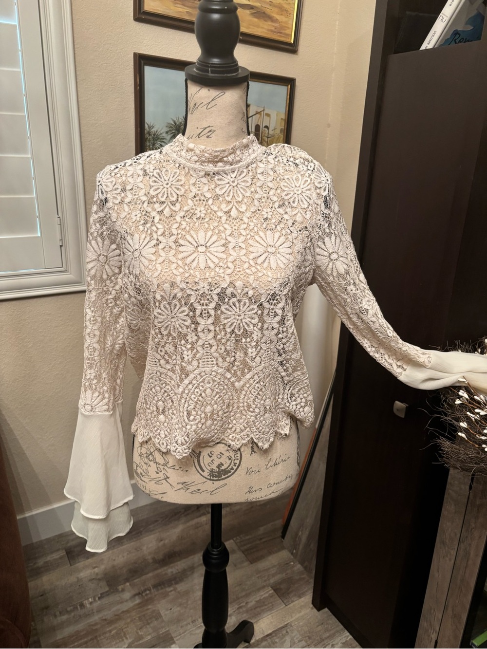 Charlotte Russe Lace Crochet Mock-Neck Blouse with Chiffon Cuffs